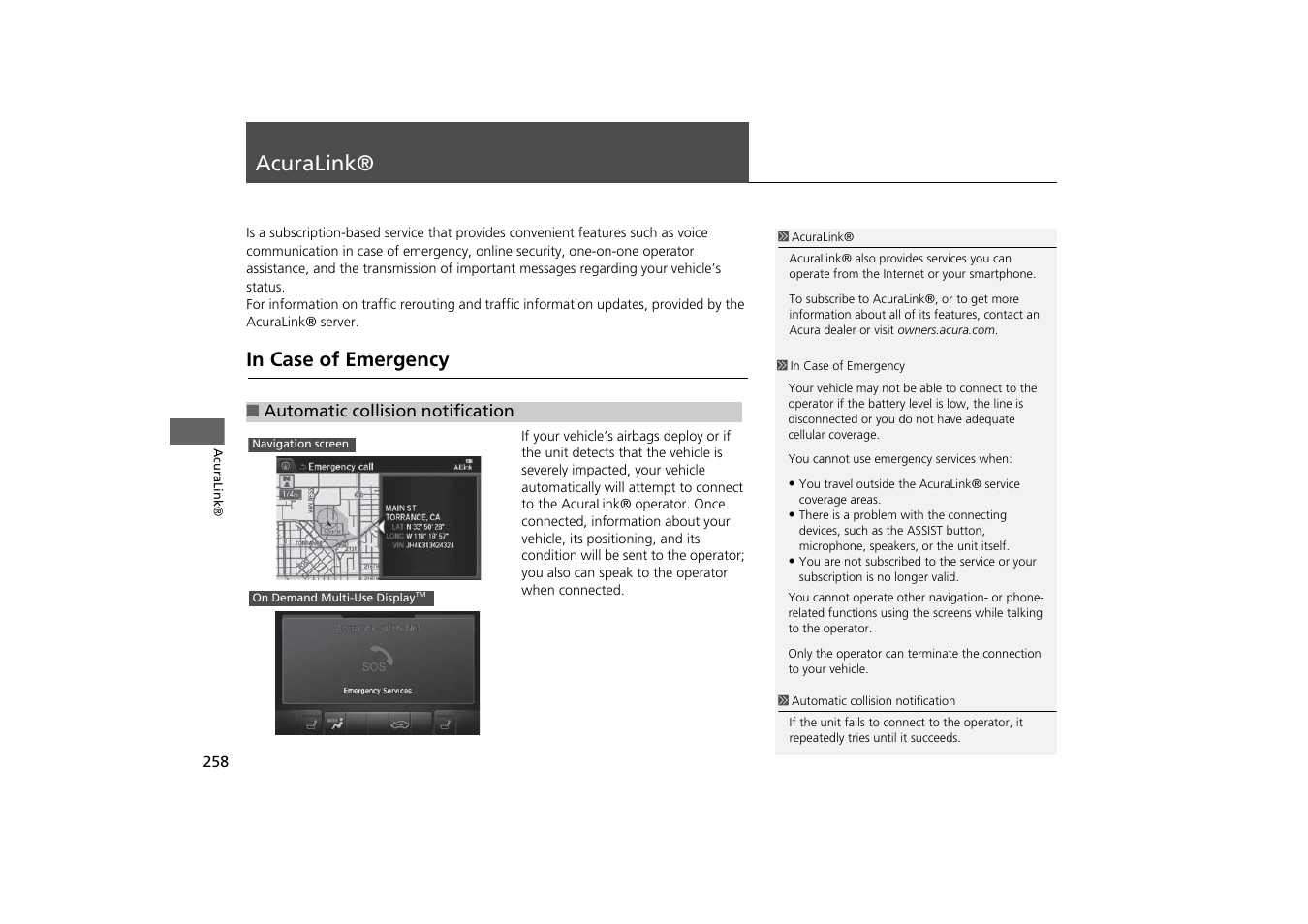 Acuralink® 258, Acuralink, P258) | 2 acuralink® p. 258, On. 2 acuralink® p. 258, In case of emergency | Acura 2015 MDX - Navigation Manual (With Software Update) Ver. ST03 User Manual | Page 259 / 349