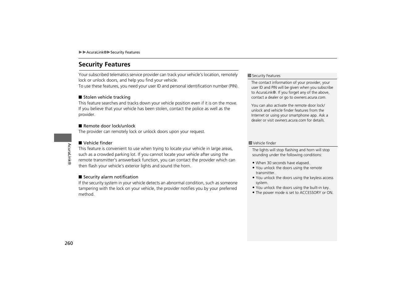 Security features | Acura 2015 MDX - Navigation Manual (With Software Update) Ver. ST03 User Manual | Page 261 / 349