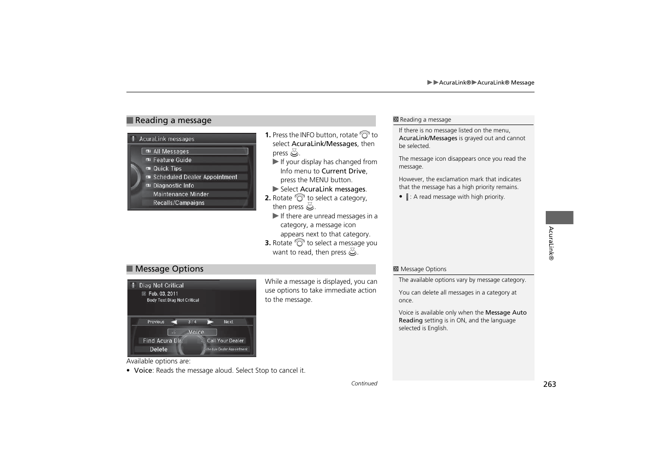 2 message options p. 263 | Acura 2015 MDX - Navigation Manual (With Software Update) Ver. ST03 User Manual | Page 264 / 349