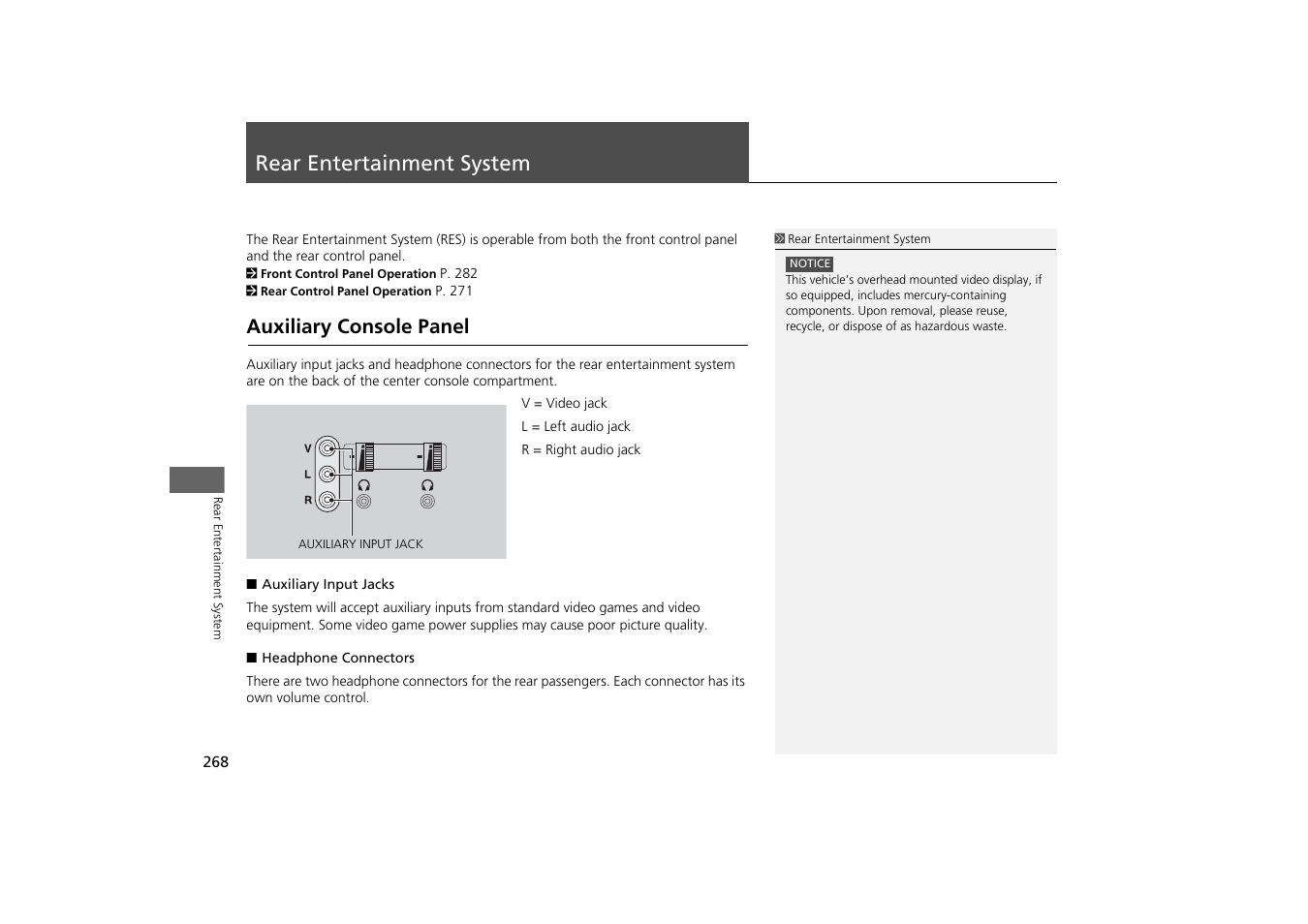 Rear entertainment system 268, Rear entertainment system, Auxiliary console panel | Acura 2015 MDX - Navigation Manual (With Software Update) Ver. ST03 User Manual | Page 269 / 349