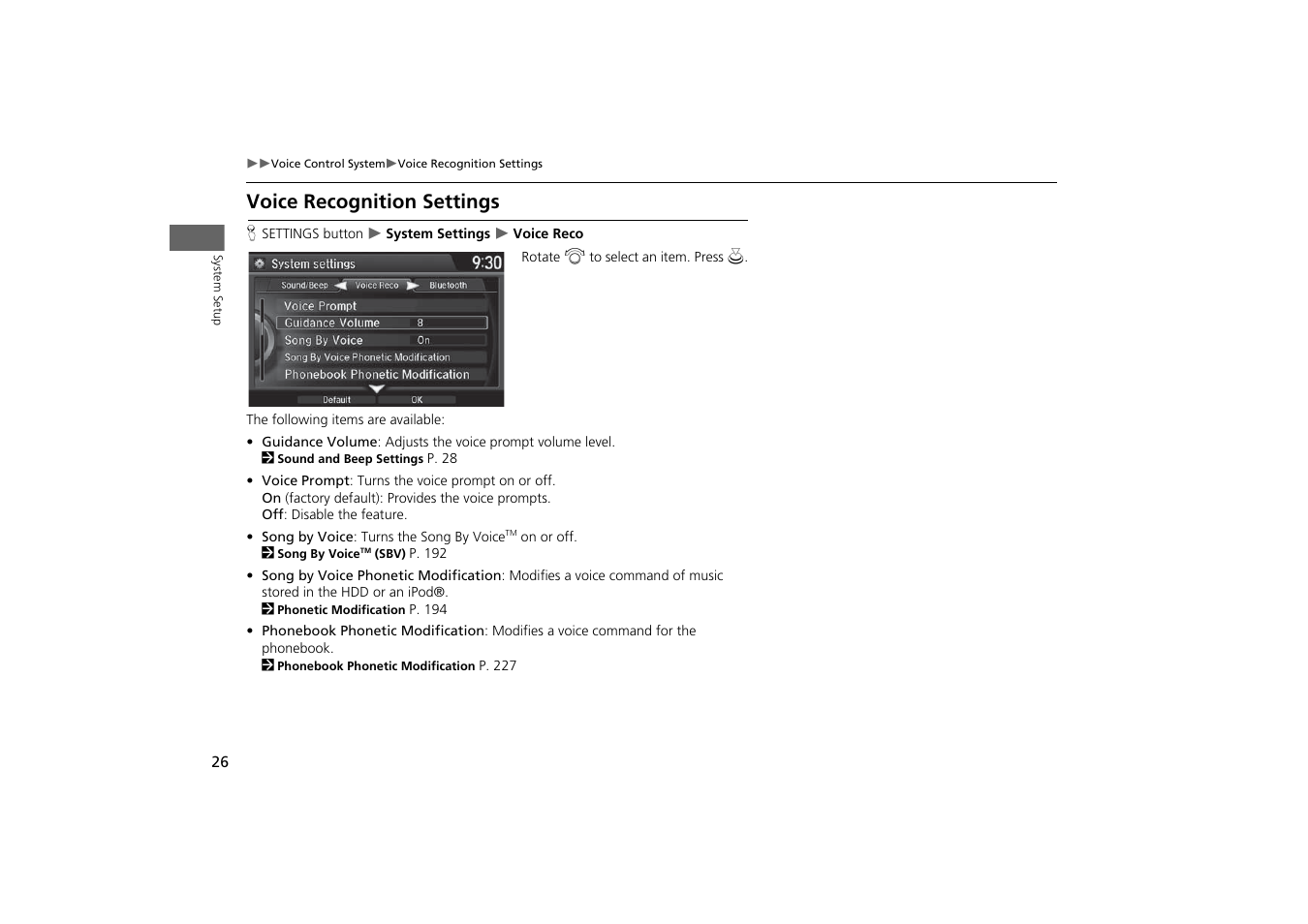 Pt. voice recognition settings, P26), Voice recognition settings | Acura 2015 MDX - Navigation Manual (With Software Update) Ver. ST03 User Manual | Page 27 / 349