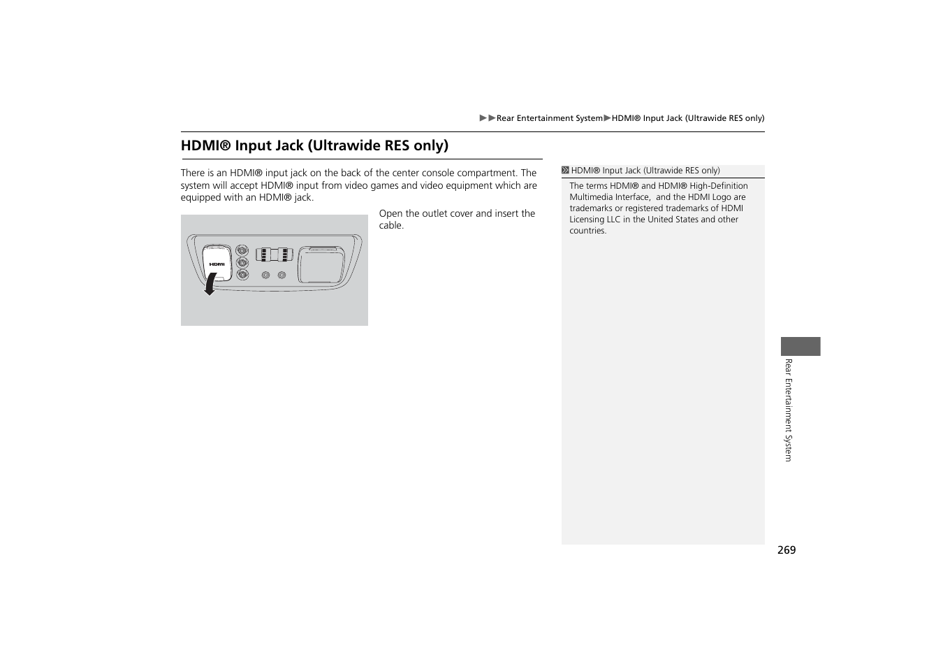 Hdmi® input jack (ultrawide res only).269, Hdmi® input jack (ultrawide res only) | Acura 2015 MDX - Navigation Manual (With Software Update) Ver. ST03 User Manual | Page 270 / 349