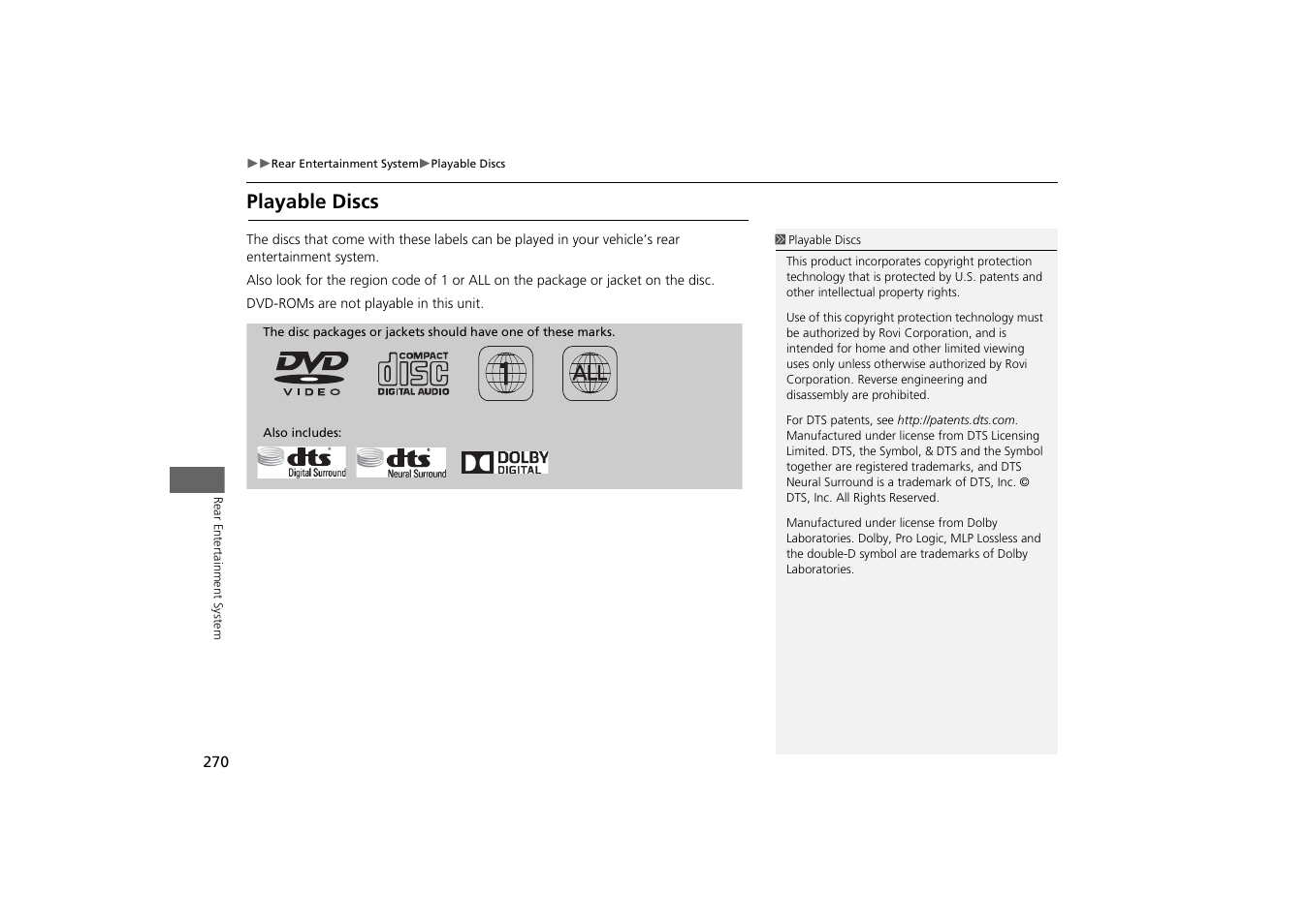 Playable discs | Acura 2015 MDX - Navigation Manual (With Software Update) Ver. ST03 User Manual | Page 271 / 349