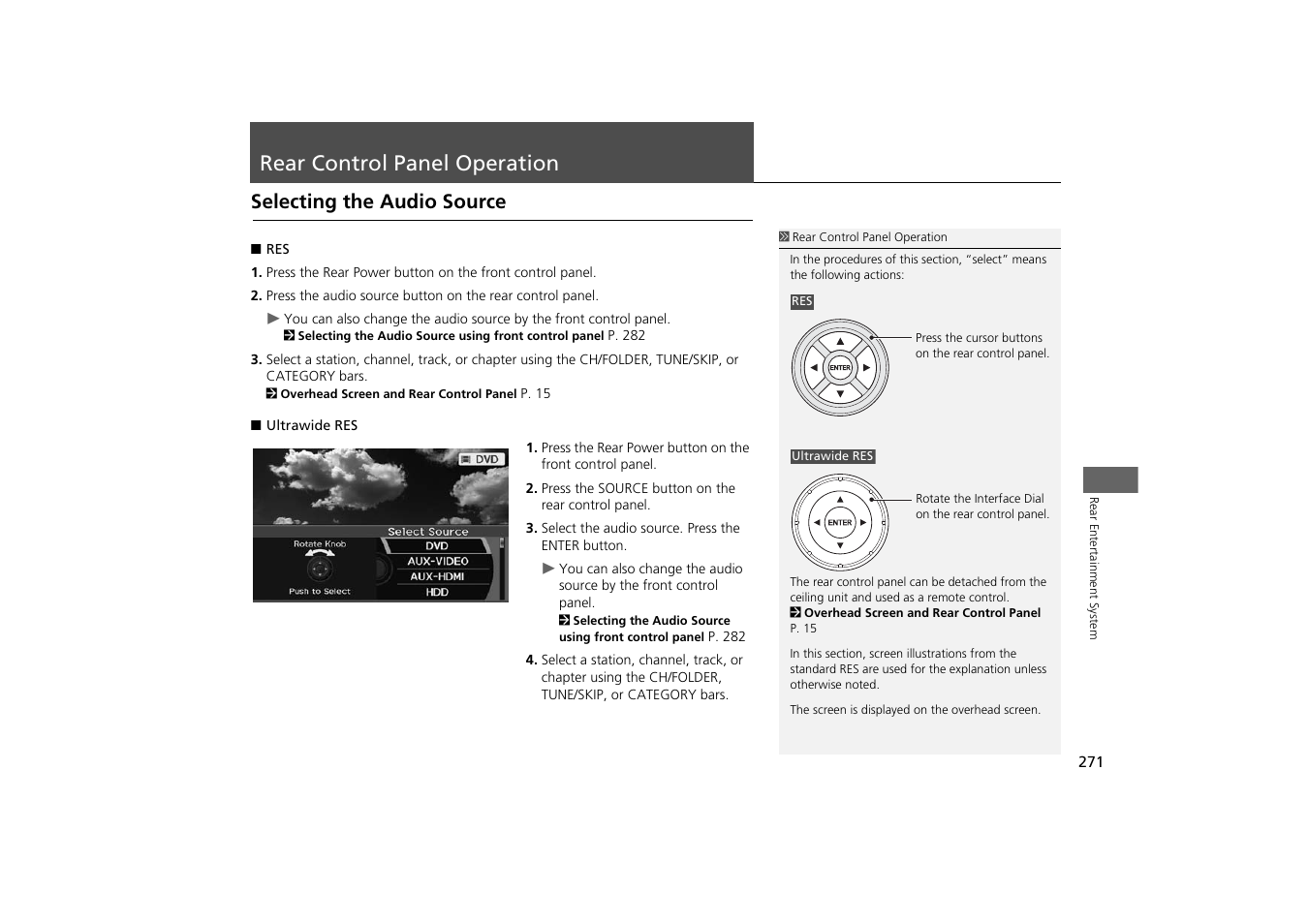 Rear control panel operation 271, Rear control panel operation, Selecting the audio source | 2 rear control panel operation, P. 271 | Acura 2015 MDX - Navigation Manual (With Software Update) Ver. ST03 User Manual | Page 272 / 349