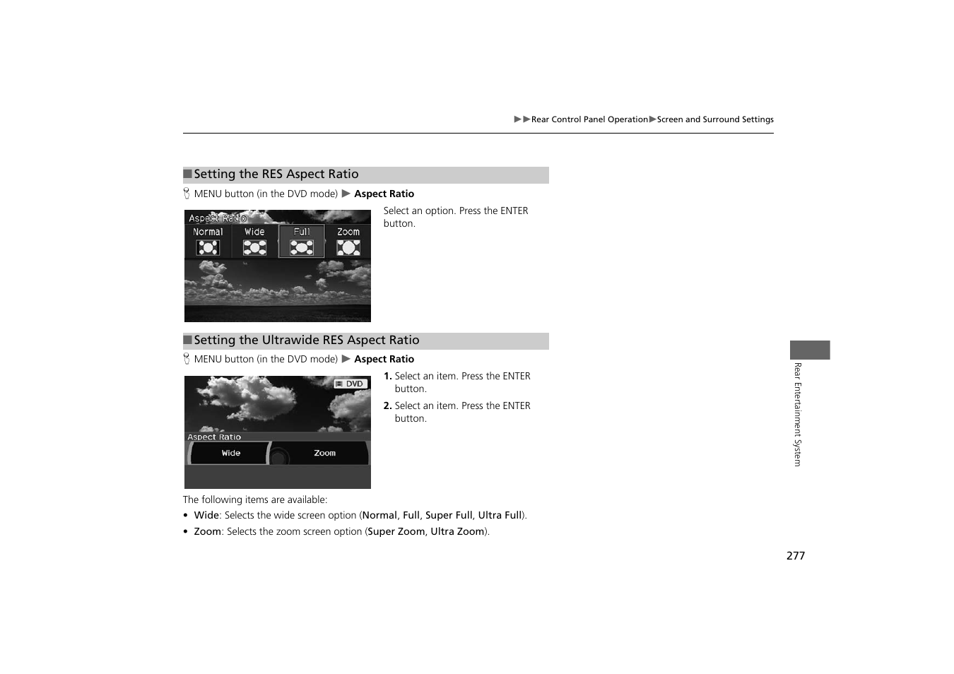 2 setting the res aspect ratio, P. 277, 2 setting the ultrawide res aspect ratio | Acura 2015 MDX - Navigation Manual (With Software Update) Ver. ST03 User Manual | Page 278 / 349