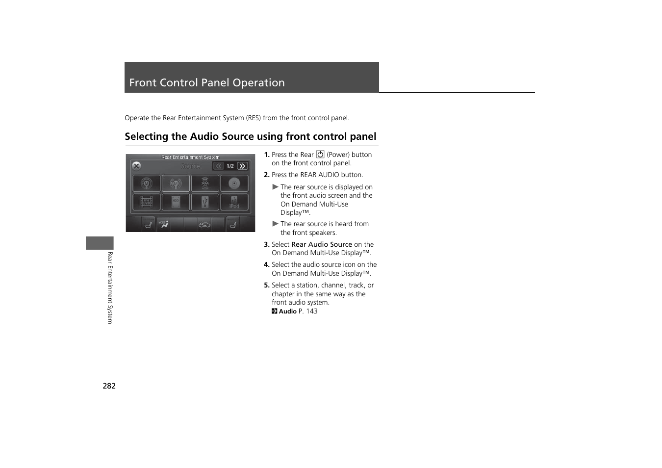 Front control panel operation 282, P282), Front control panel operation | Selecting the audio source using front, Control panel, 2 front control panel operation, P. 282, Panel | Acura 2015 MDX - Navigation Manual (With Software Update) Ver. ST03 User Manual | Page 283 / 349