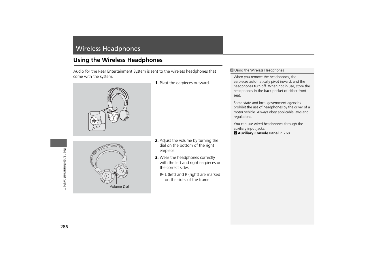 Wireless headphones 286, Wireless headphones, Using the wireless headphones | Acura 2015 MDX - Navigation Manual (With Software Update) Ver. ST03 User Manual | Page 287 / 349