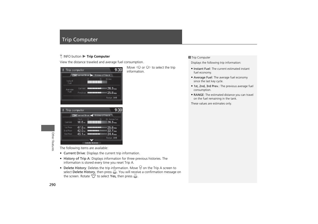 Trip computer 290, Trip computer | Acura 2015 MDX - Navigation Manual (With Software Update) Ver. ST03 User Manual | Page 291 / 349