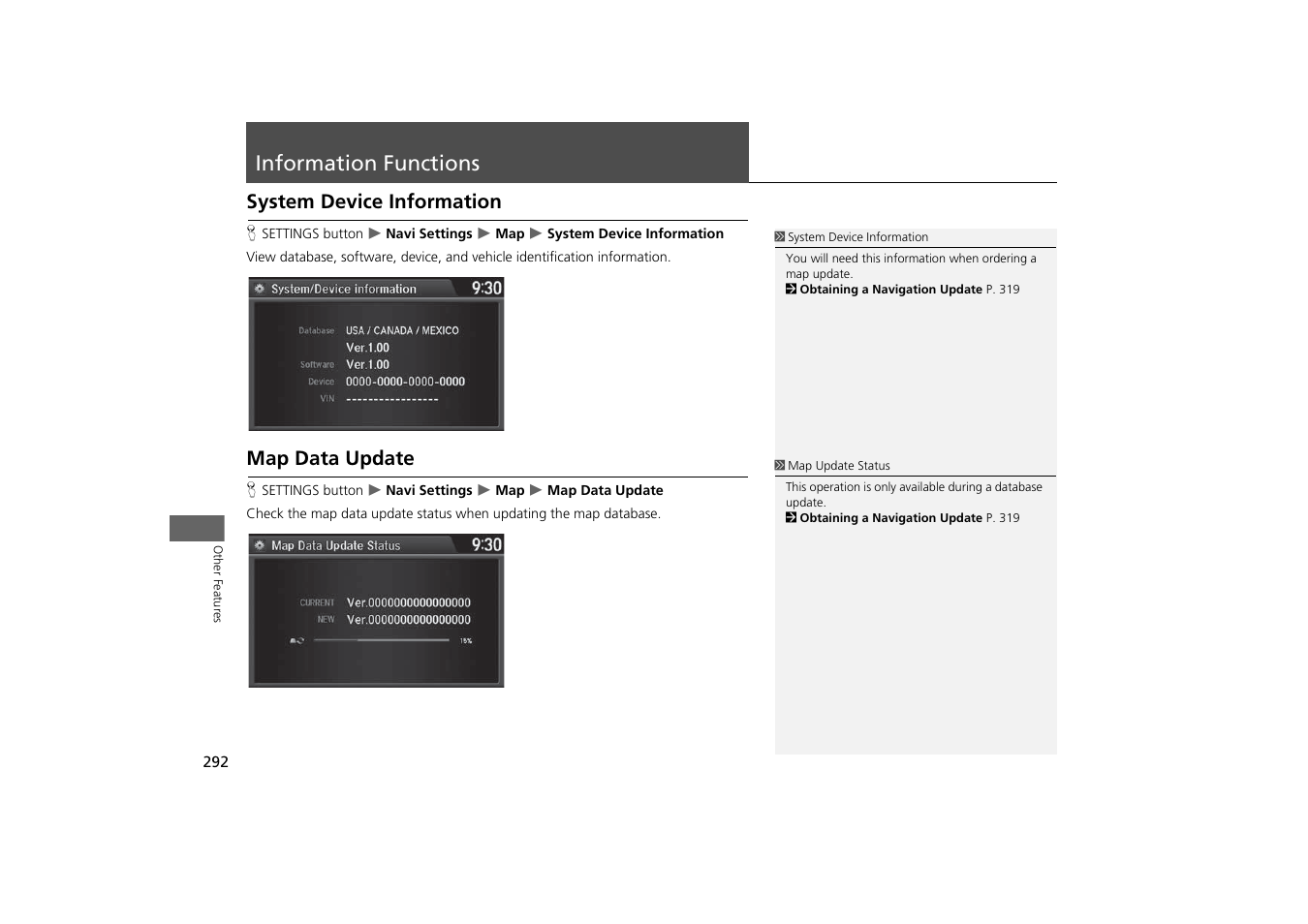 Information functions 292, Identification information. 2, System device information | P. 292, Database. 2, Map data update, Information functions, System device information map data update | Acura 2015 MDX - Navigation Manual (With Software Update) Ver. ST03 User Manual | Page 293 / 349