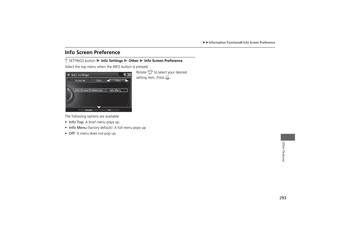 Info screen preference | Acura 2015 MDX - Navigation Manual (With Software Update) Ver. ST03 User Manual | Page 294 / 349