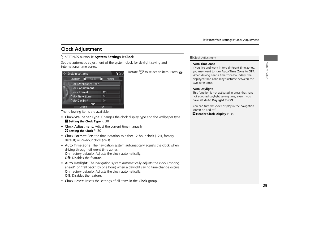 Clock adjustment | Acura 2015 MDX - Navigation Manual (With Software Update) Ver. ST03 User Manual | Page 30 / 349