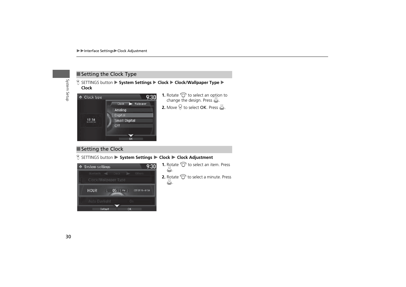 Setting the clock type, P. 30, Setting the clock | Acura 2015 MDX - Navigation Manual (With Software Update) Ver. ST03 User Manual | Page 31 / 349