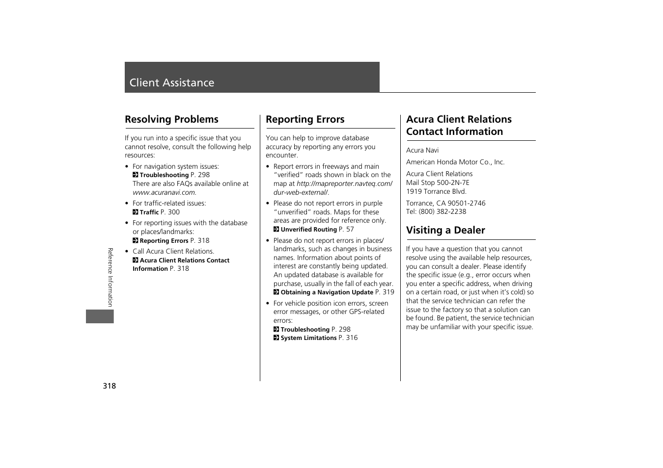 Client assistance 318, Client assistance, Visiting a dealer | Resolving problems, Reporting errors, Acura client relations contact information | Acura 2015 MDX - Navigation Manual (With Software Update) Ver. ST03 User Manual | Page 319 / 349