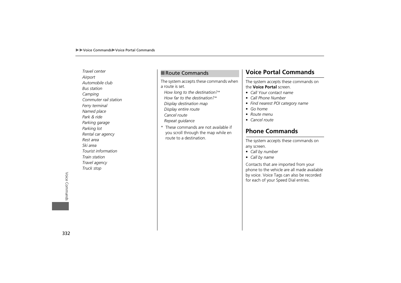2 route commands p. 332, Voice portal commands phone commands, Voice portal commands | Phone commands | Acura 2015 MDX - Navigation Manual (With Software Update) Ver. ST03 User Manual | Page 333 / 349