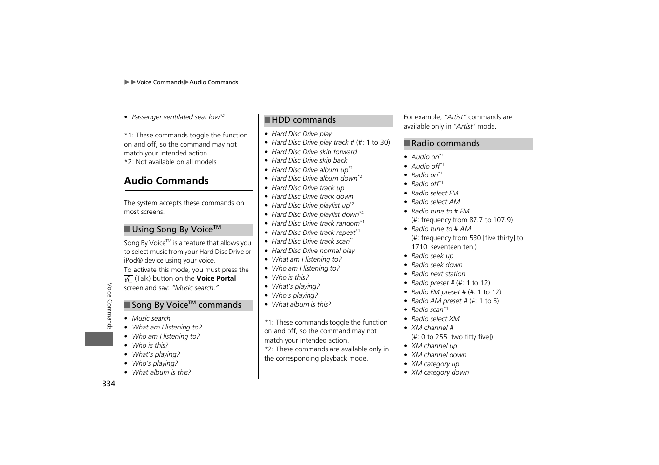 2 song by voice, Commands p. 334, Audio commands | Acura 2015 MDX - Navigation Manual (With Software Update) Ver. ST03 User Manual | Page 335 / 349