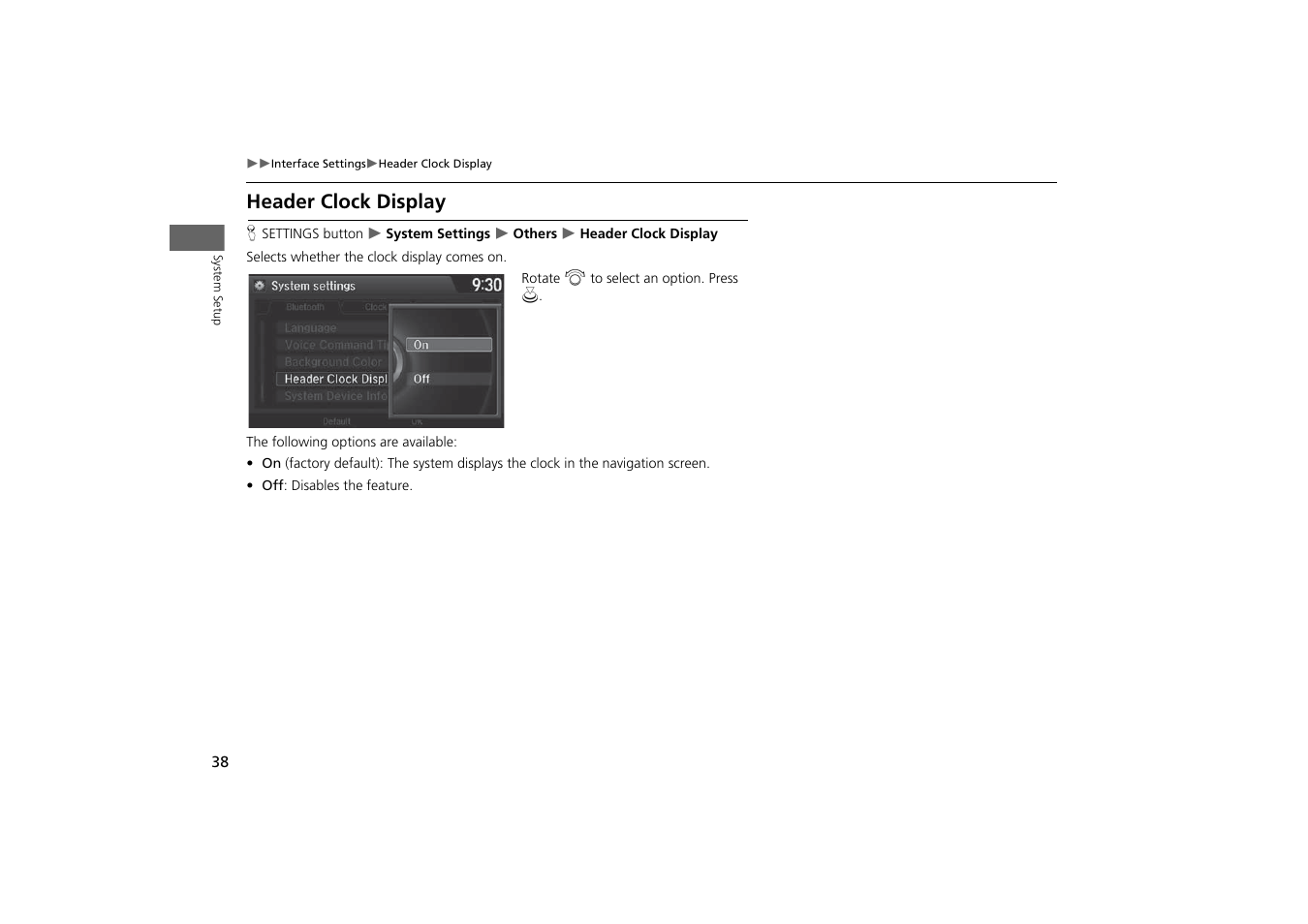 Screen on and off. 2 header clock display p. 38, Header clock display | Acura 2015 MDX - Navigation Manual (With Software Update) Ver. ST03 User Manual | Page 39 / 349