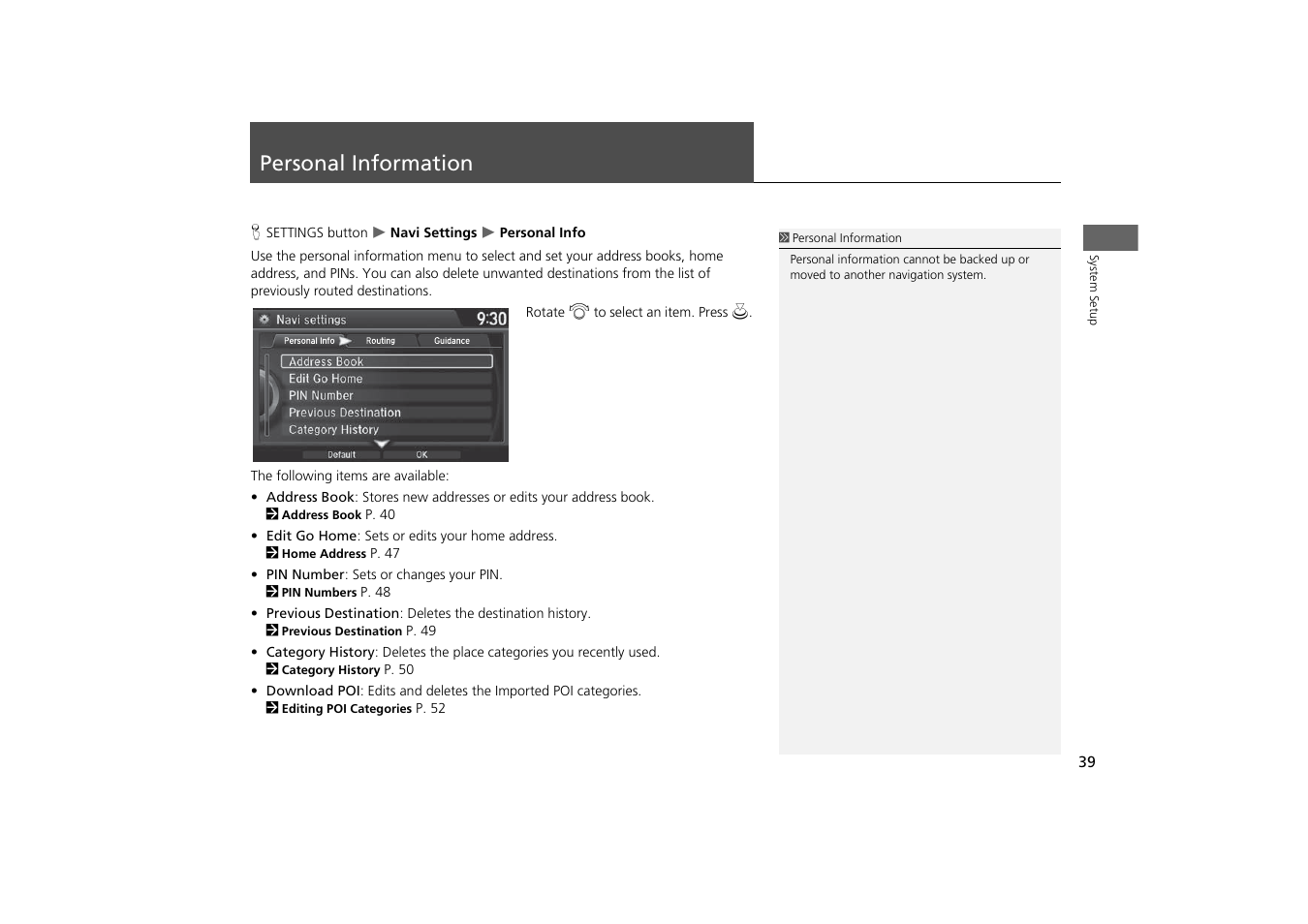 Personal information 39, Personal information | Acura 2015 MDX - Navigation Manual (With Software Update) Ver. ST03 User Manual | Page 40 / 349