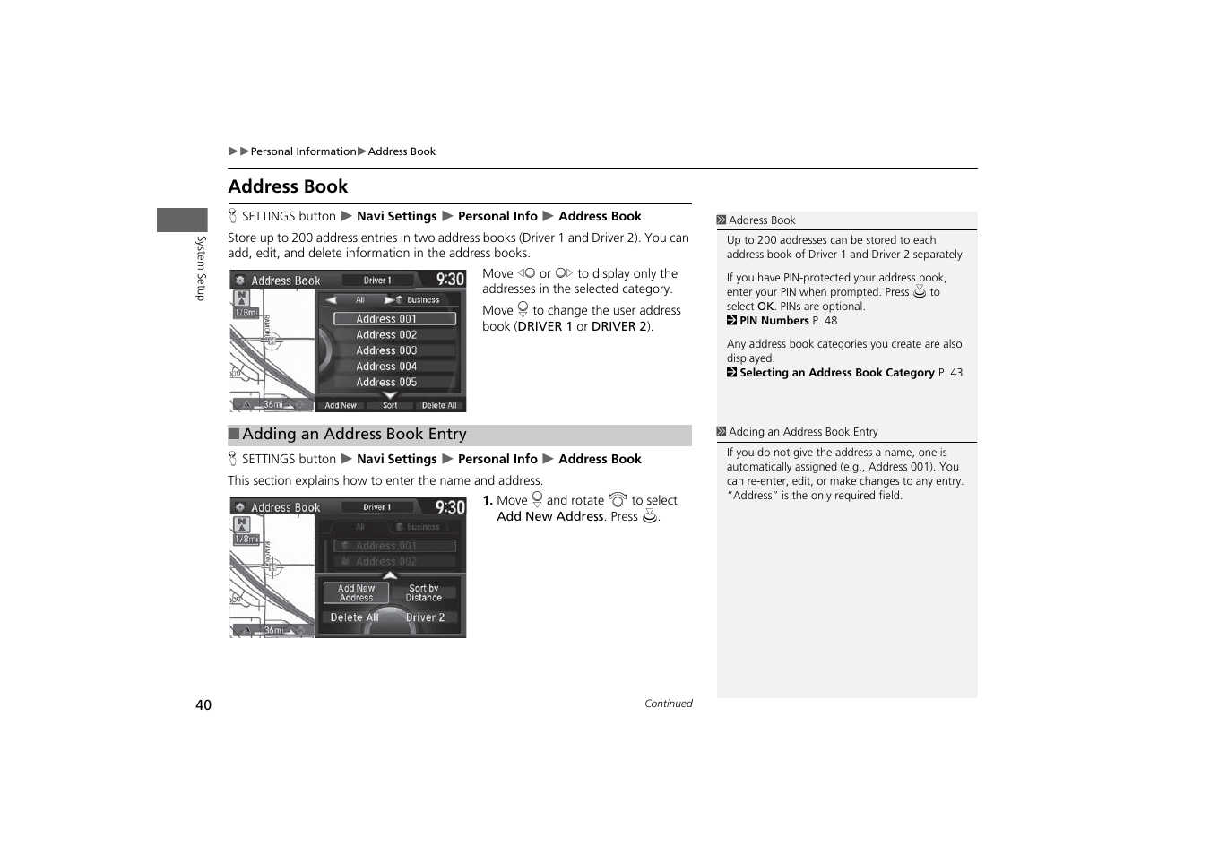 P40), Address book, P. 40 | Acura 2015 MDX - Navigation Manual (With Software Update) Ver. ST03 User Manual | Page 41 / 349