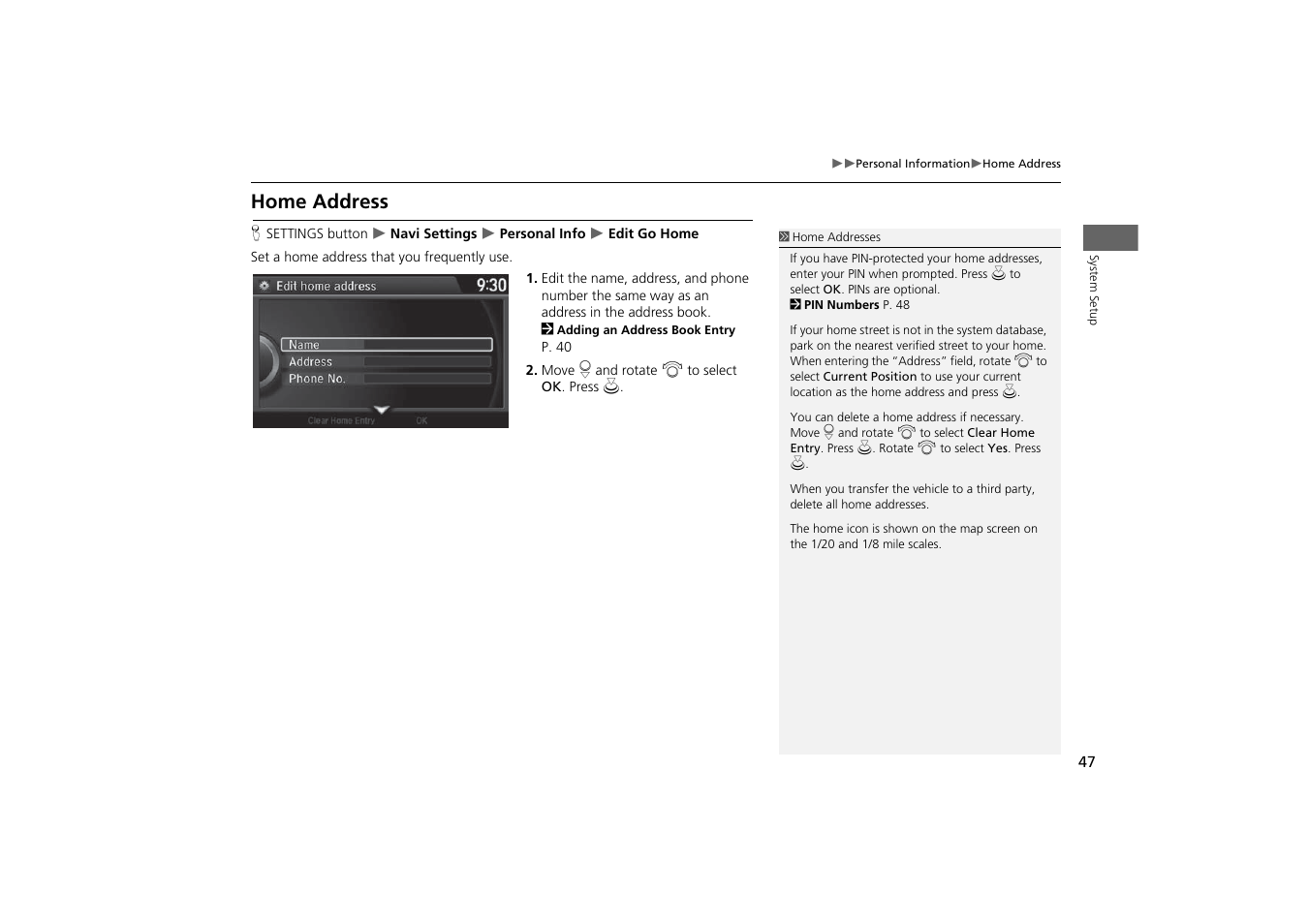 P47), Home address, P. 47 | Acura 2015 MDX - Navigation Manual (With Software Update) Ver. ST03 User Manual | Page 48 / 349