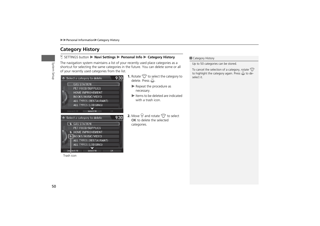 Category history, P. 50 | Acura 2015 MDX - Navigation Manual (With Software Update) Ver. ST03 User Manual | Page 51 / 349