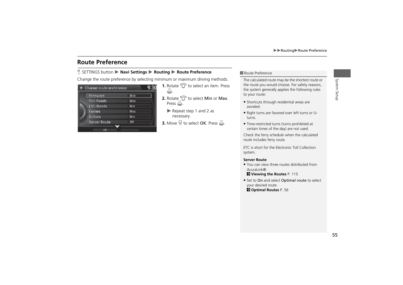 Route preference, Ng method), P. 55 | Acura 2015 MDX - Navigation Manual (With Software Update) Ver. ST03 User Manual | Page 56 / 349