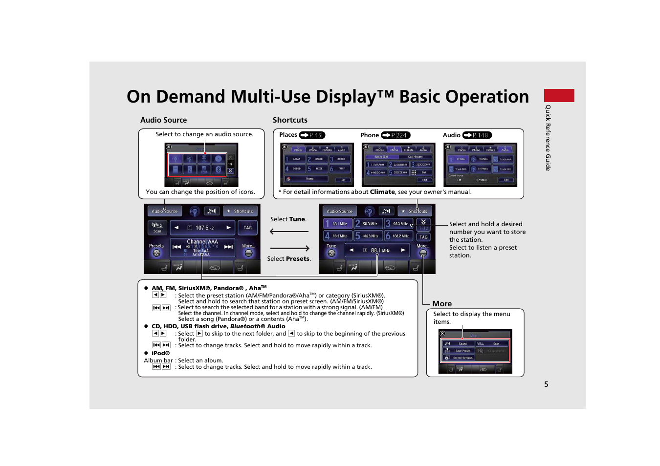 On demand multi-use display™ basic operation | Acura 2015 MDX - Navigation Manual (With Software Update) Ver. ST03 User Manual | Page 6 / 349