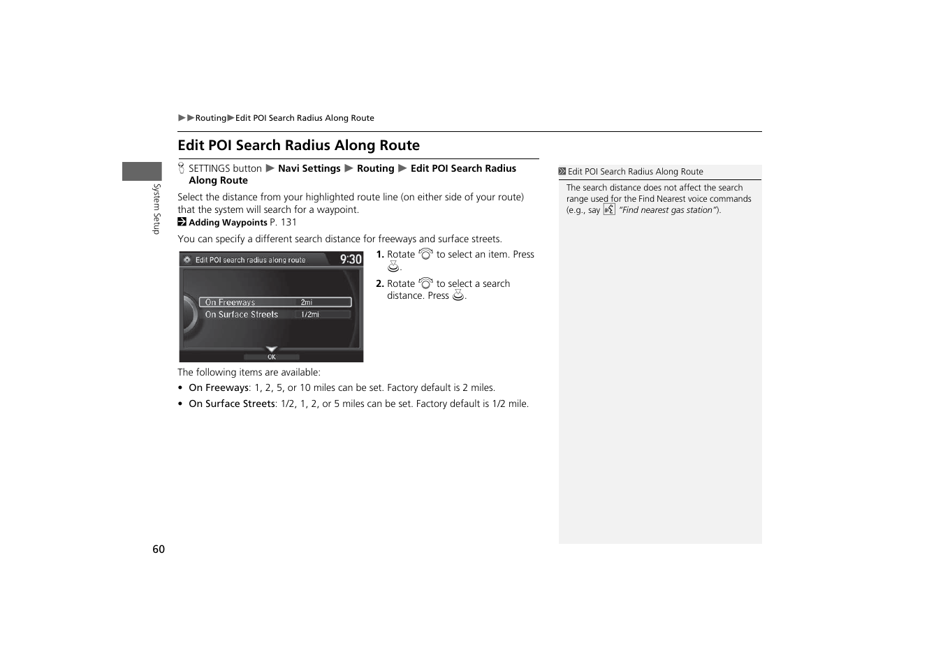 Edit poi search radius along route, S. 2, P. 60 | Acura 2015 MDX - Navigation Manual (With Software Update) Ver. ST03 User Manual | Page 61 / 349