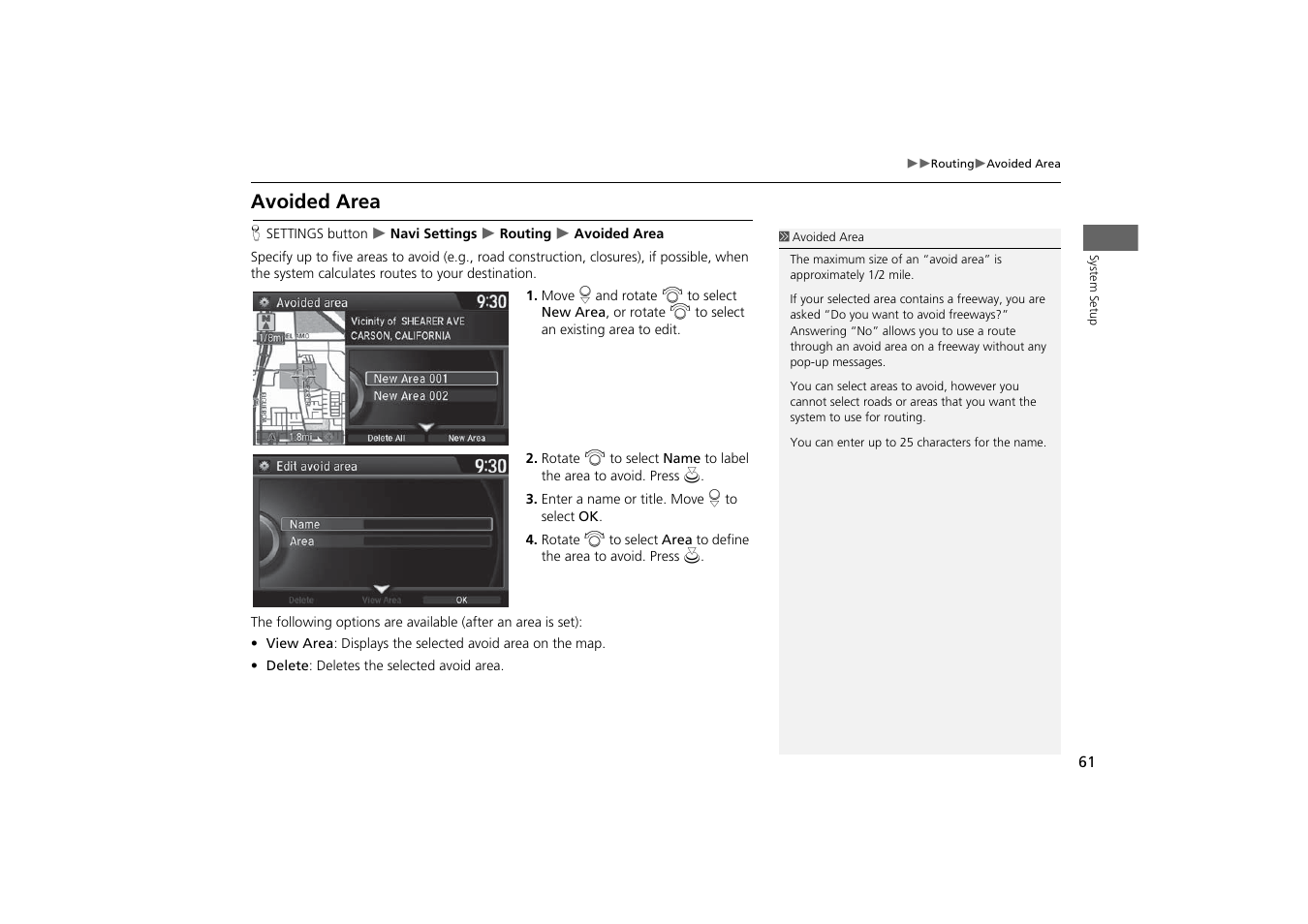 Avoided area, P. 61 | Acura 2015 MDX - Navigation Manual (With Software Update) Ver. ST03 User Manual | Page 62 / 349