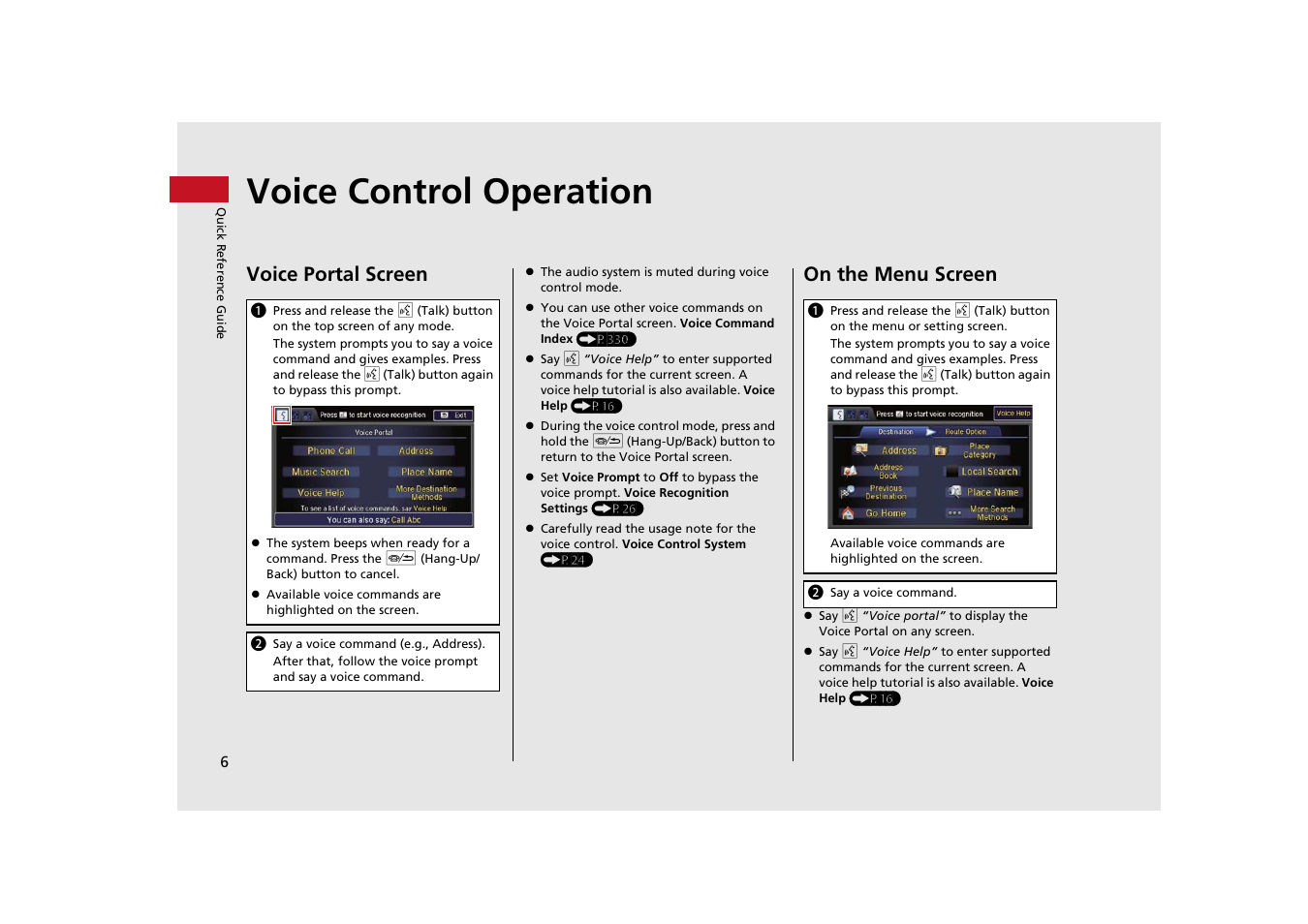 Voice control operation, Voice portal screen, On the menu screen | Acura 2015 MDX - Navigation Manual (With Software Update) Ver. ST03 User Manual | Page 7 / 349