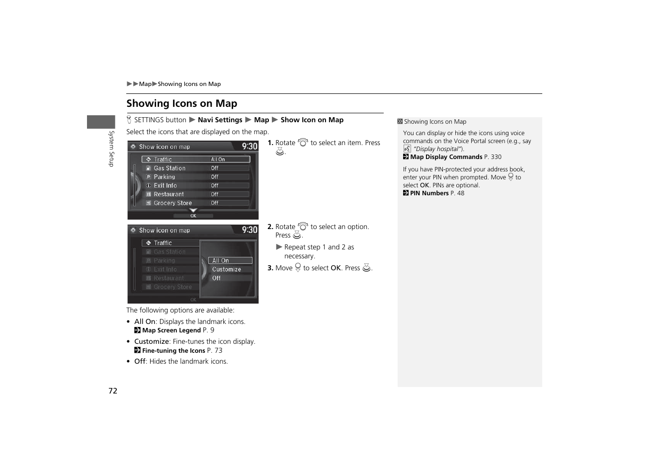 P72), Showing icons on map, P. 72 | Acura 2015 MDX - Navigation Manual (With Software Update) Ver. ST03 User Manual | Page 73 / 349