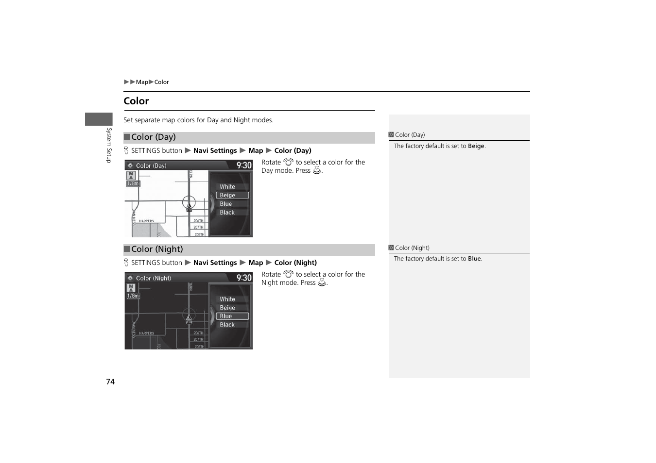 Color, P. 74 | Acura 2015 MDX - Navigation Manual (With Software Update) Ver. ST03 User Manual | Page 75 / 349