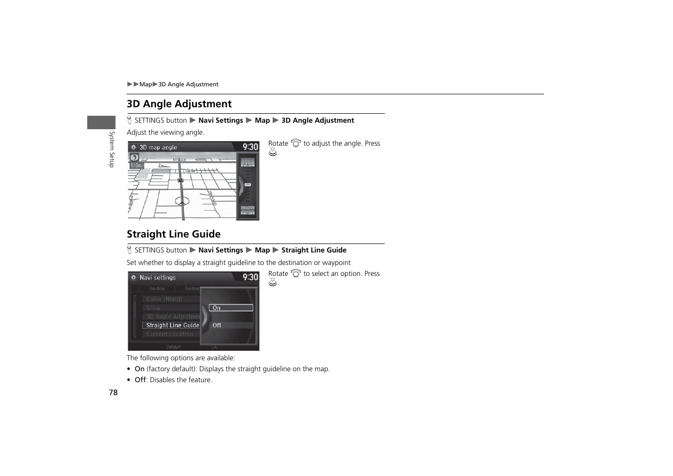 3d angle adjustment straight line guide, 3d angle adjustment, P. 78 | Straight line guide | Acura 2015 MDX - Navigation Manual (With Software Update) Ver. ST03 User Manual | Page 79 / 349