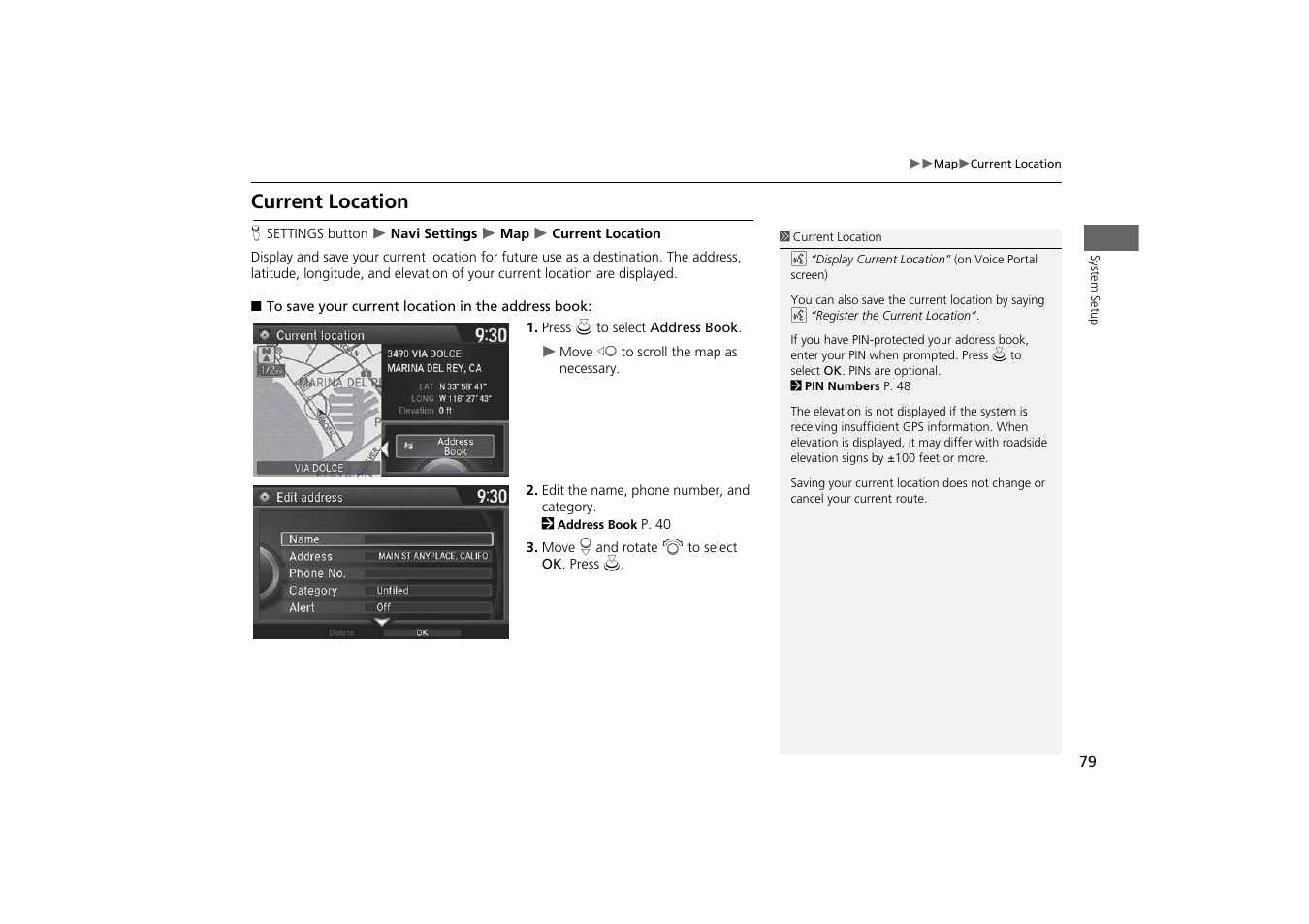 P79), Current location, P. 79 | Acura 2015 MDX - Navigation Manual (With Software Update) Ver. ST03 User Manual | Page 80 / 349