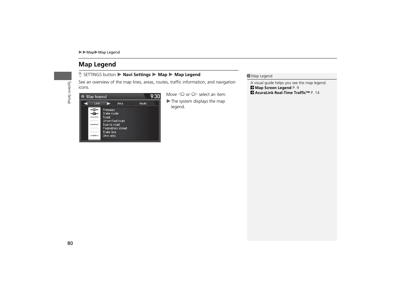 Map legend, P. 80 | Acura 2015 MDX - Navigation Manual (With Software Update) Ver. ST03 User Manual | Page 81 / 349