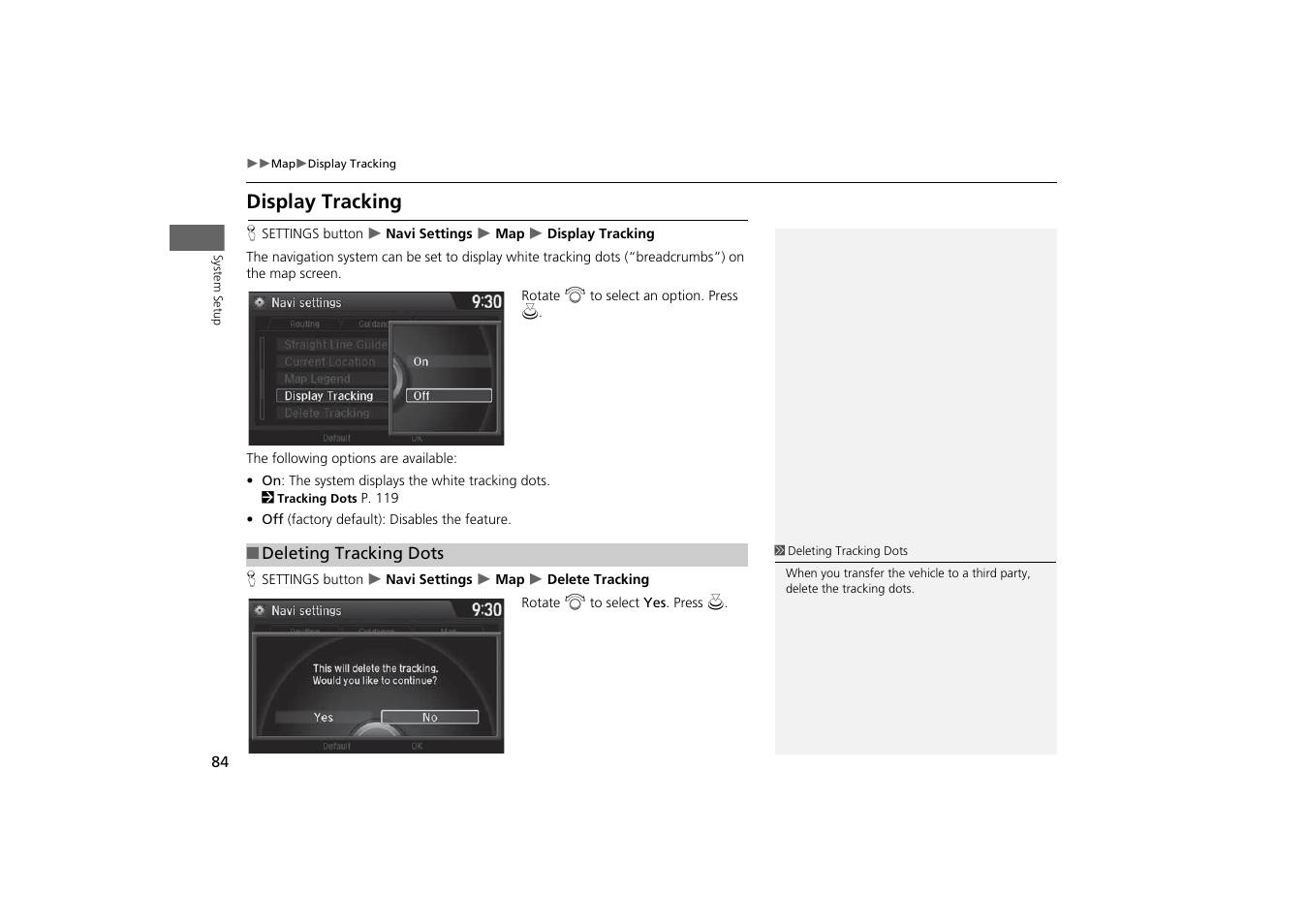 Display tracking, P. 84, Deleting tracking dots | Acura 2015 MDX - Navigation Manual (With Software Update) Ver. ST03 User Manual | Page 85 / 349