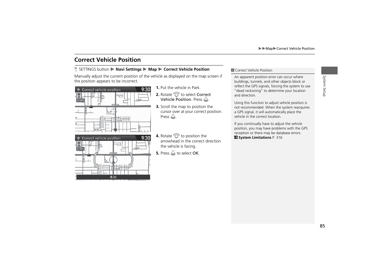 Correct vehicle position, P. 85 | Acura 2015 MDX - Navigation Manual (With Software Update) Ver. ST03 User Manual | Page 86 / 349