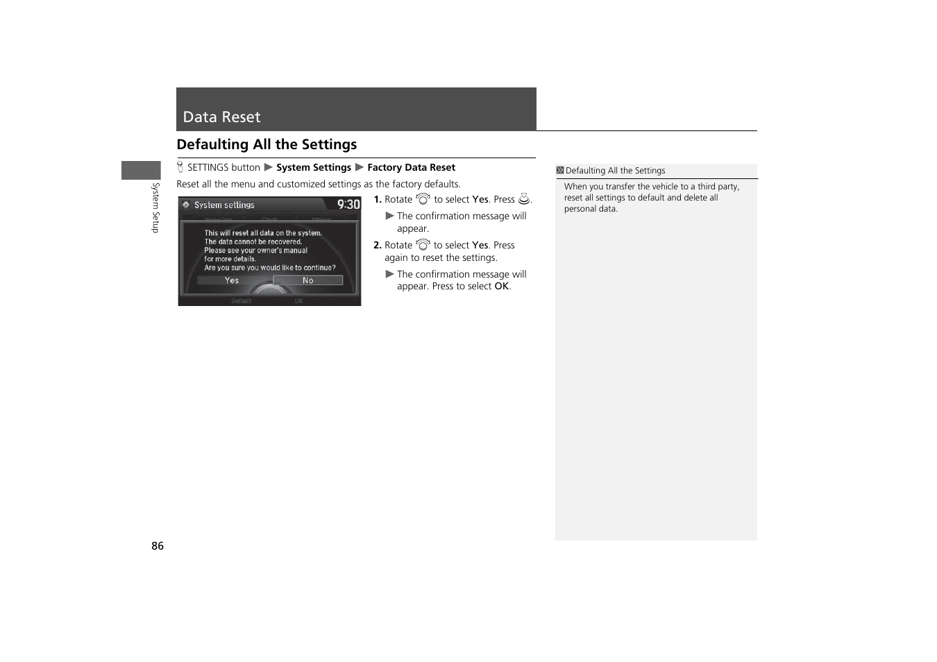 Data reset 86, Data reset, Defaulting all the settings | Acura 2015 MDX - Navigation Manual (With Software Update) Ver. ST03 User Manual | Page 87 / 349