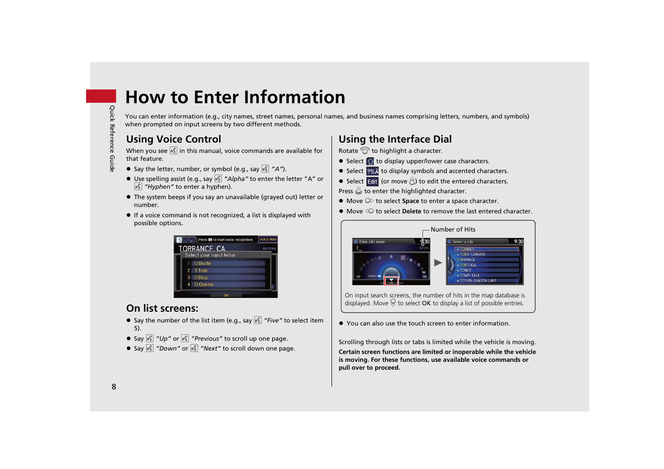 How to enter information, Using voice control, On list screens | Using the interface dial | Acura 2015 MDX - Navigation Manual (With Software Update) Ver. ST03 User Manual | Page 9 / 349