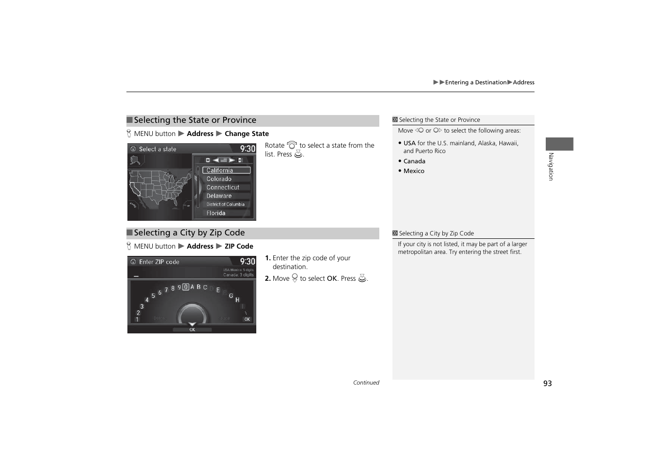 The city, 2 selecting a city by zip code, P. 93 | 2 selecting the state or province | Acura 2015 MDX - Navigation Manual (With Software Update) Ver. ST03 User Manual | Page 94 / 349