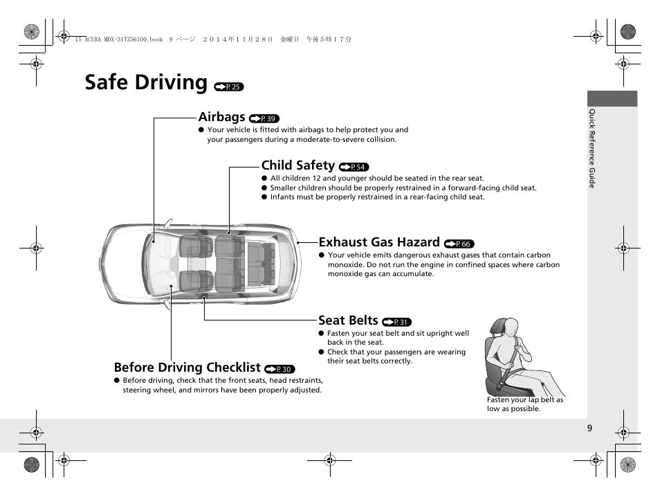 Safe driving (p25), Safe driving, Airbags | Child safety, Exhaust gas hazard, Before driving checklist, Seat belts | Acura 2015 MDX - Owner's Manual (Revised 12/12/2014) User Manual | Page 10 / 505