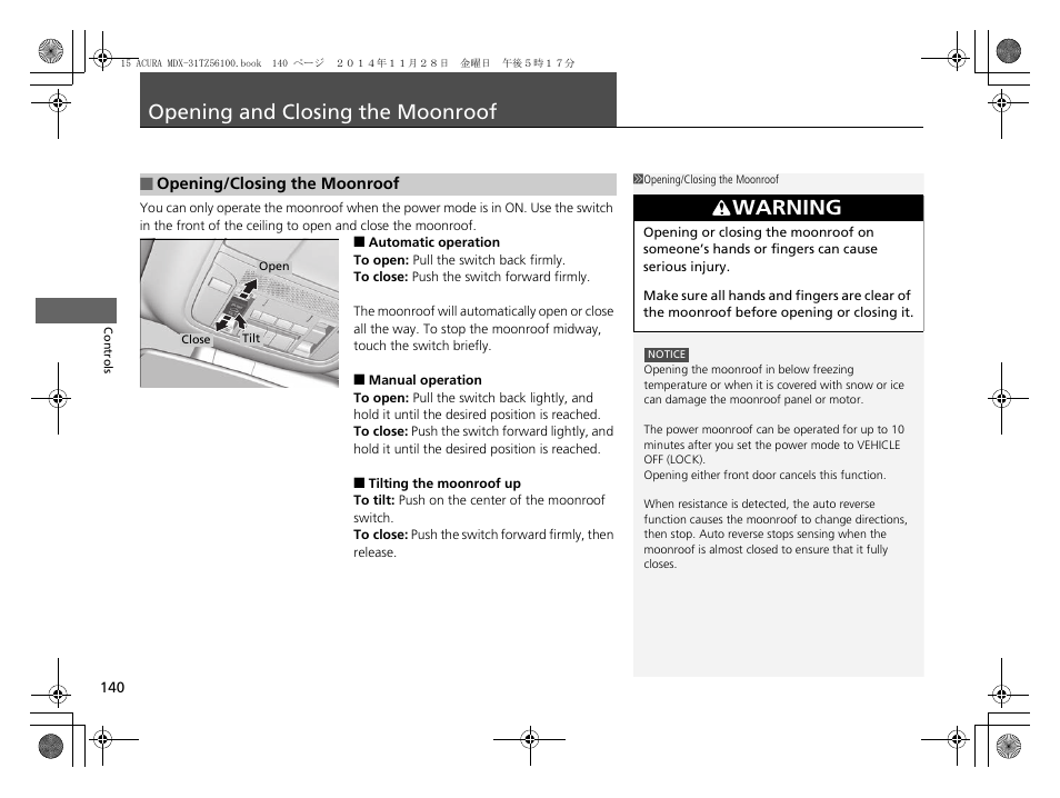 Opening and closing the moonroof p. 140, P140), Opening and closing the moonroof | Warning | Acura 2015 MDX - Owner's Manual (Revised 12/12/2014) User Manual | Page 141 / 505