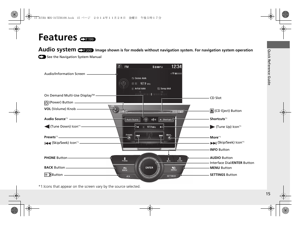 Features (p199), Features, Audio system | Acura 2015 MDX - Owner's Manual (Revised 12/12/2014) User Manual | Page 16 / 505