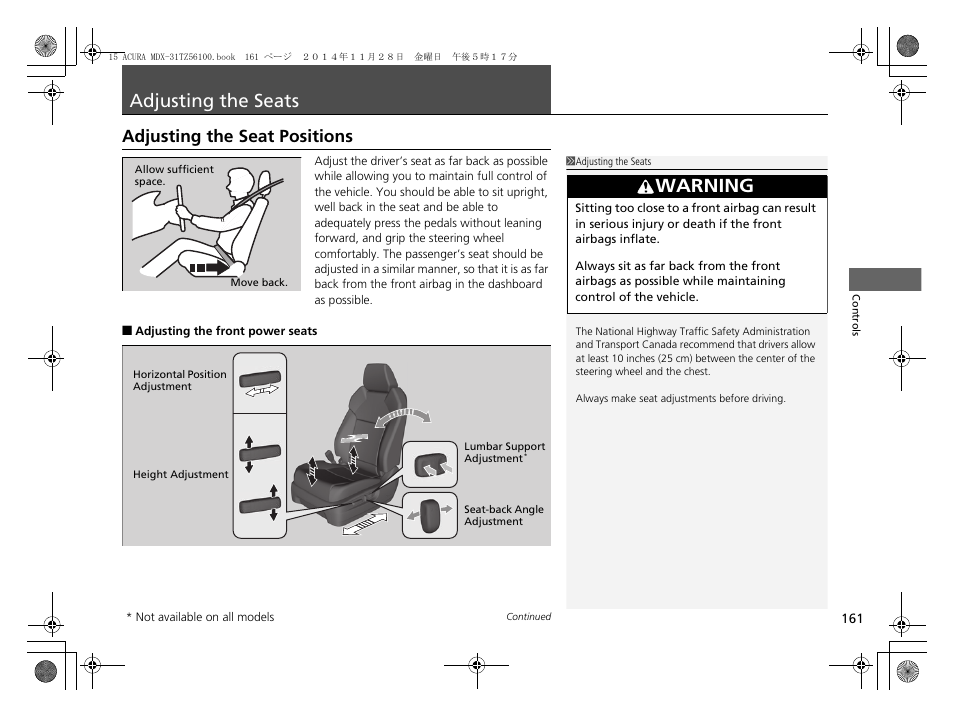 Adjusting the seats, P161), Adjusting the seats p. 161 | Adjusting the seat positions, Adjusting the seat positions p. 161, Warning | Acura 2015 MDX - Owner's Manual (Revised 12/12/2014) User Manual | Page 162 / 505