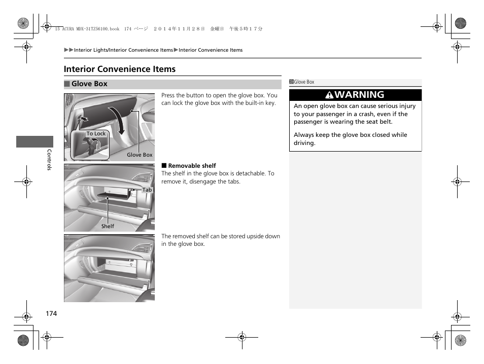 P174), Interior convenience items, Warning | Acura 2015 MDX - Owner's Manual (Revised 12/12/2014) User Manual | Page 175 / 505