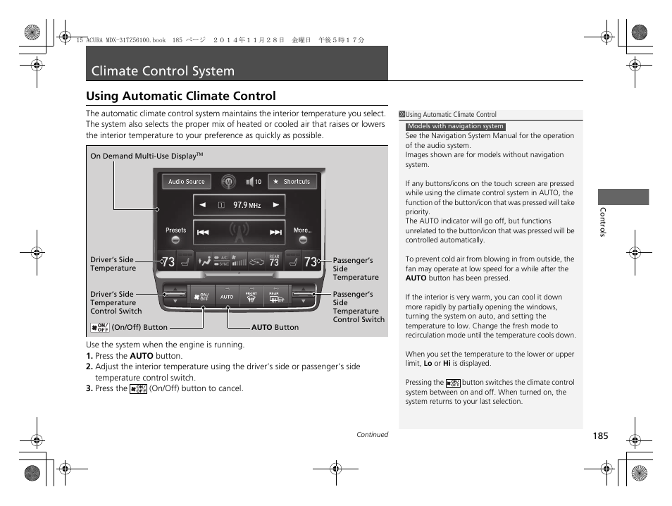 Climate control system p. 185, P185), Climate control system | Using automatic climate control | Acura 2015 MDX - Owner's Manual (Revised 12/12/2014) User Manual | Page 186 / 505