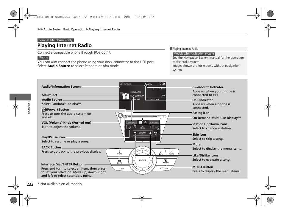 Playing internet radio | Acura 2015 MDX - Owner's Manual (Revised 12/12/2014) User Manual | Page 233 / 505