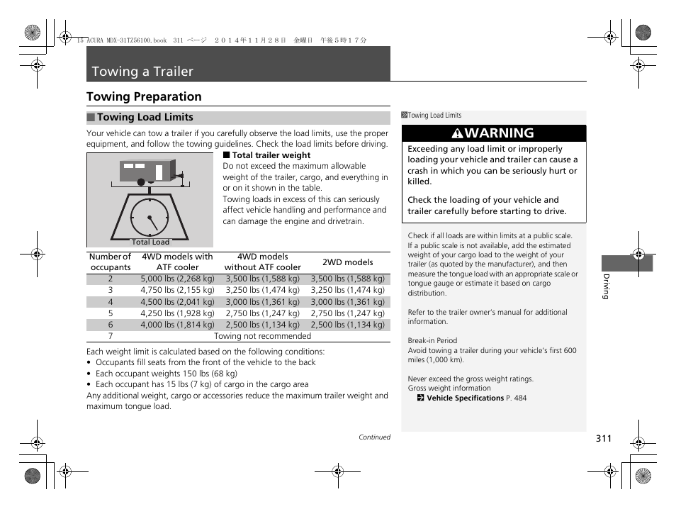 Towing a trailer p. 311, Towing a trailer, Warning | Towing preparation | Acura 2015 MDX - Owner's Manual (Revised 12/12/2014) User Manual | Page 312 / 505