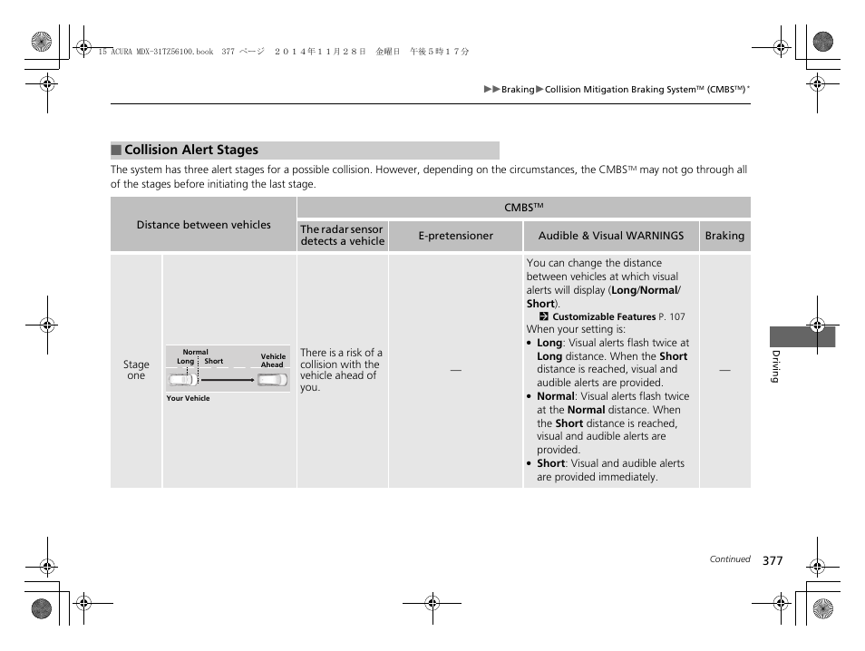 Collision alert stages | Acura 2015 MDX - Owner's Manual (Revised 12/12/2014) User Manual | Page 378 / 505