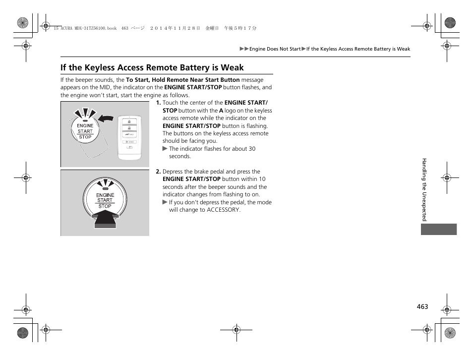 If the keyless access remote battery is, Weak, If the keyless access remote battery is weak | Acura 2015 MDX - Owner's Manual (Revised 12/12/2014) User Manual | Page 464 / 505