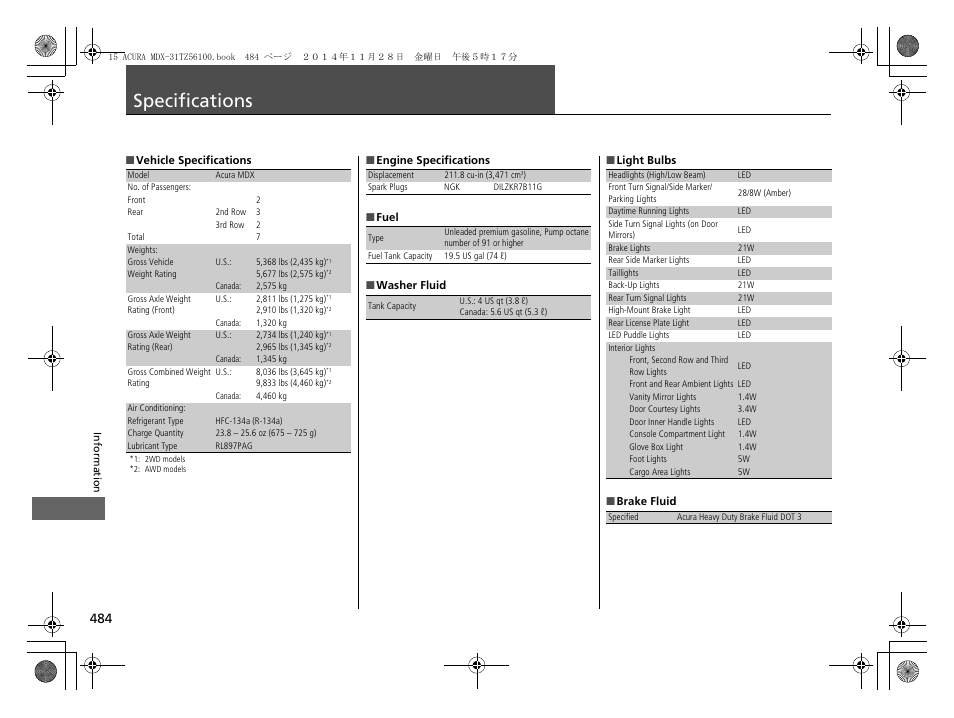 Specifications p. 484, Specifications | Acura 2015 MDX - Owner's Manual (Revised 12/12/2014) User Manual | Page 485 / 505